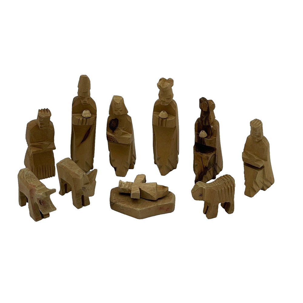 VTG Hand Carved Bethlehem Olive Wood Christmas Holy Nativity Set of 11